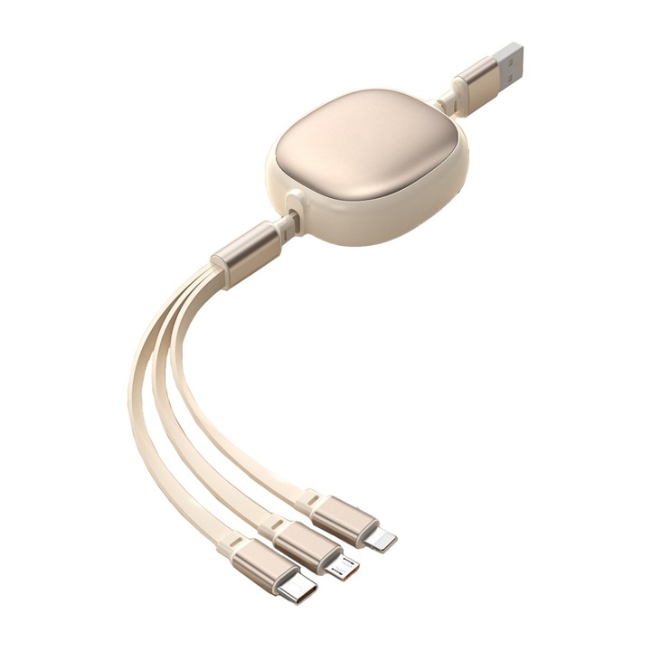 Cablu Retractabil Universal pentru Telefon, OEM, Universal 3in1 pentru Orice Tip de Telefon, Micro-USB, Lightning, TYPE-C, 1.2M, Bej