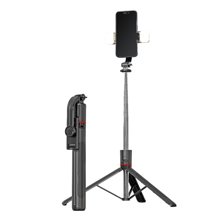 Stick selfie F15 - tija din otel inoxidabil telescopica (1.7m), cu dublu LED si rotire 360°, control la distanta, trepied stabil si sistem anti-vibratii. Ideal pentru calatorii, transmisiuni live si creare de continut video. Culoare negru