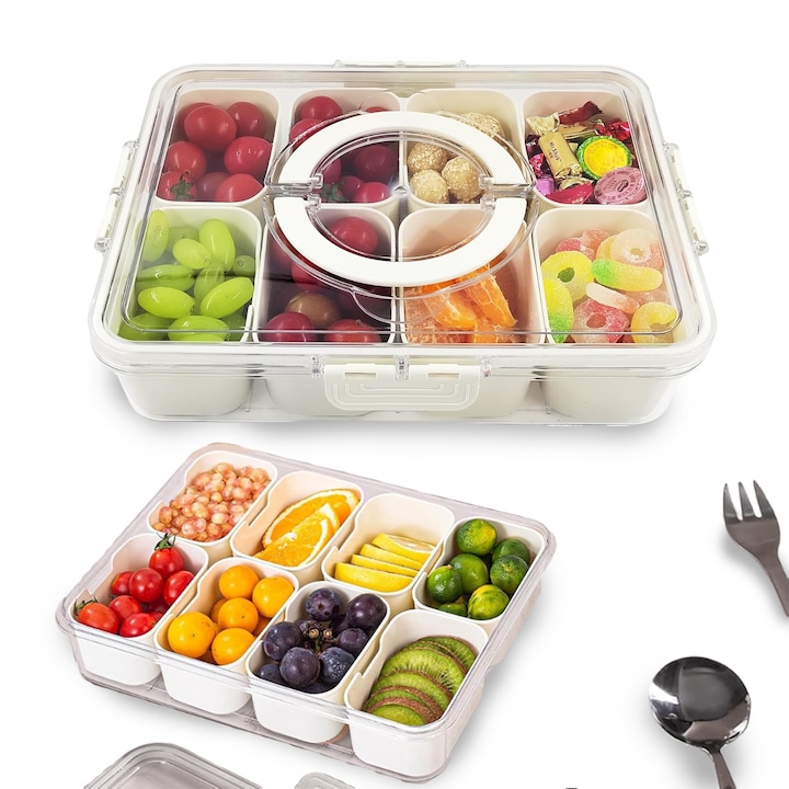 Cutie alimentara cu 8 compartimente, buyya, din polipropilena, rezistenta la masina de spalat vase, cu capac si manere, organizator portabil pentru gustari, fructe, biscuiti, deserturi