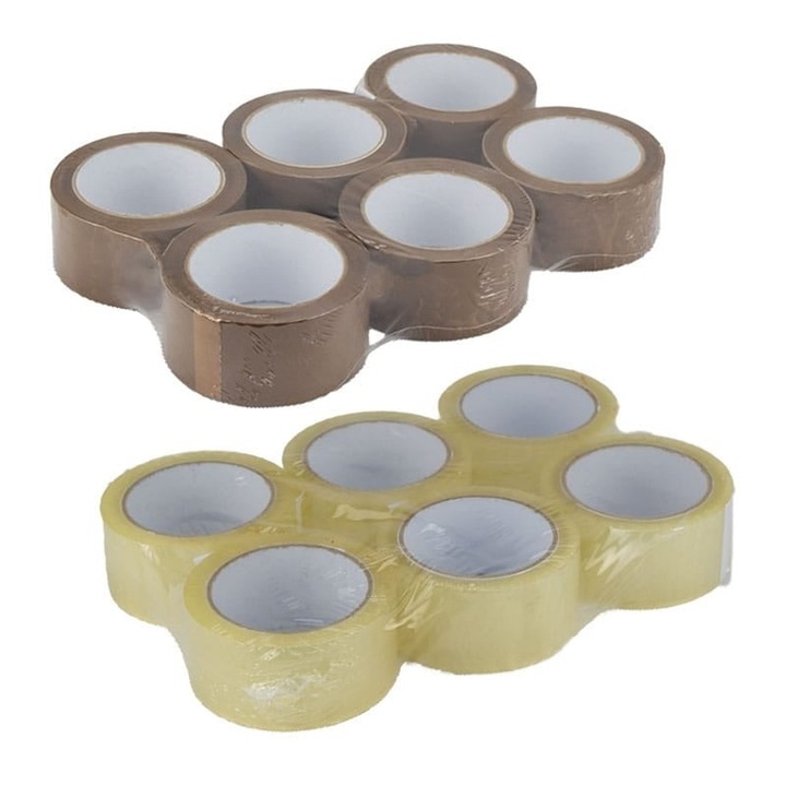 Banda Adeziva pentru Ambalare 48mm/60 Metri, Acril, 6 Bucati Transparent + 6 Bucati Maro