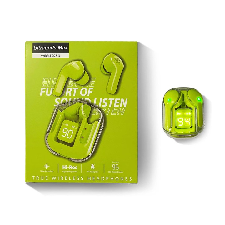 Vezeték nélküli fülhallgató zajszűréssel, Bluetooth 5.3, fülbe helyezhető, Hi-Fi hangzás, basszus, dupla HD mikrofon, handsfree, ANC / Transparency / Gaming módok, sport, univerzális telefonkompatibilitás, érintésvezérlés, LED kijelző, NEO Pro, zöld