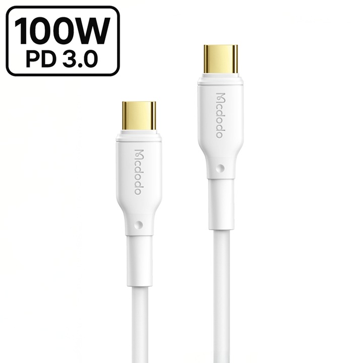 USB-C - USB-C kábel, szupergyors töltés 100W PD 3.0 PRO, E-Marker chip, 1,2m, fehér, ZAITEK Mcdodo, univerzális kompatibilitás Samsung, Apple, tabletek, laptopok készülékekkel, adatátvitel és szinkronizáció támogatása, + Android Auto / Apple CarPlay