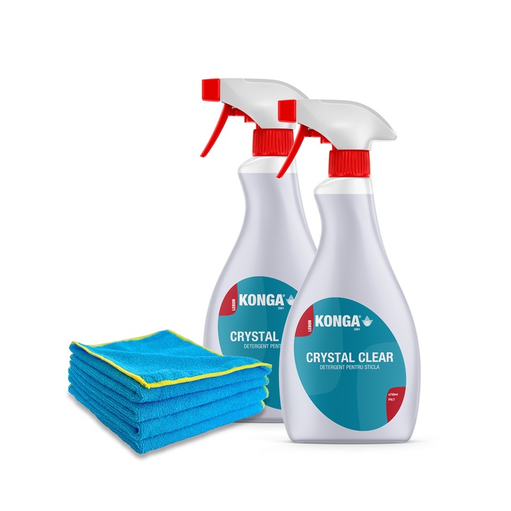 Set Curatenie Geamuri: - 2 x Detergent pentru Geamuri, Sticla si Oglinzi, cu Parfum de Liliac, Crystal Clear 750ml + Set de 4 Lavete Profesionale Microfibra, 40x40cm albastru