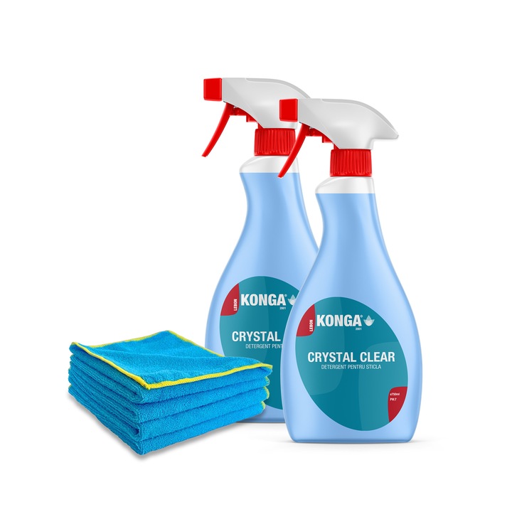 Set Curatenie Geamuri: - 2 x Detergent pentru Geamuri, Sticla si Oglinzi, cu Parfum Fresh Ocean, Crystal Clear 750ml + Set de 4 Lavete Profesionale Microfibra, 40x40cm albastru