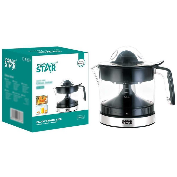 WINNING STAR ST-5594 Elektromos Citrusprés – 0.75L, 30W, Automatikus Forgás, Fekete/Inox