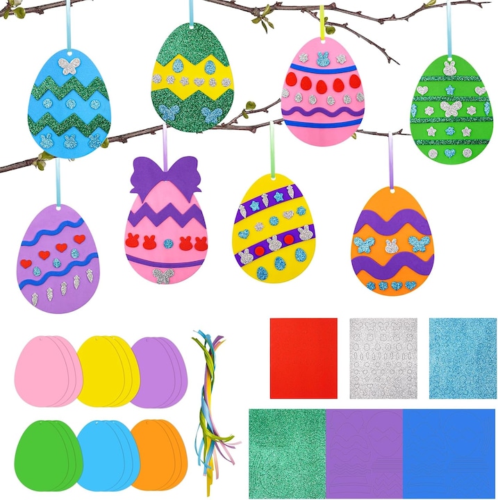 Set 18 Proiecte Artizanat din Spuma pentru Paste - Autocolante si Forme din Spuma cu Oua, Iepurasi si Sclipici, Decoratiuni si Accesorii pentru Petreceri de Paste
