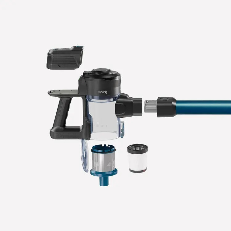 Aspirator de mana si vertical 2in1 H.Koenig, UP610, PowerClean, fara sac, 2 trepte de viteza, autonomie 50 min, capacitate rezervor 0.8 litri, accesorii incluse, multifunctional, silentios, cu suport de perete, albastru