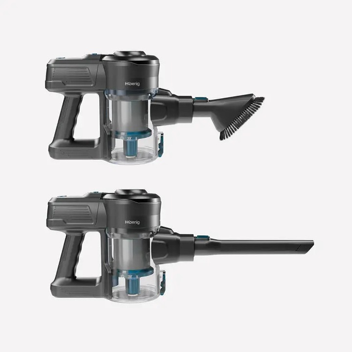 Aspirator de mana si vertical 2in1 H.Koenig, UP610, PowerClean, fara sac, 2 trepte de viteza, autonomie 50 min, capacitate rezervor 0.8 litri, accesorii incluse, multifunctional, silentios, cu suport de perete, albastru