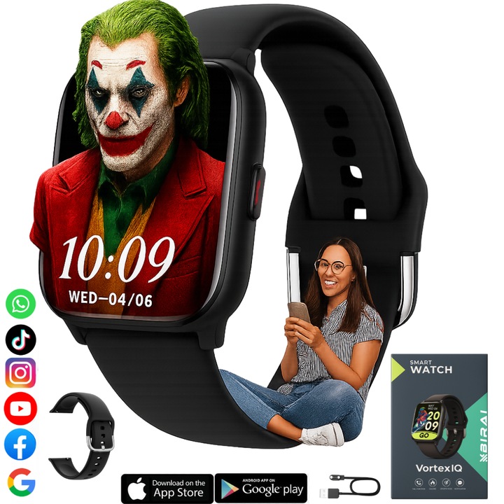 Ceas smartwatch femei, VortexIQ by BIRAI®, ecran TFT1.85", inteligent, fitness, sport, rezistent apa 3ATM, smart, notificari, wireless, apel Bluetooth, microfon HD, limba romana, compatibil Android si IOS, curea silicon, Negru