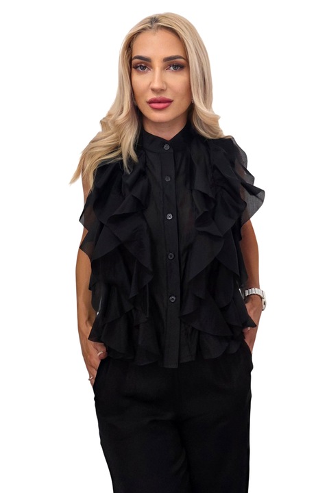 Риза без ръкави NIVA от лиосел, с волани, Черна, Универсален размер S/M, FashionForYou