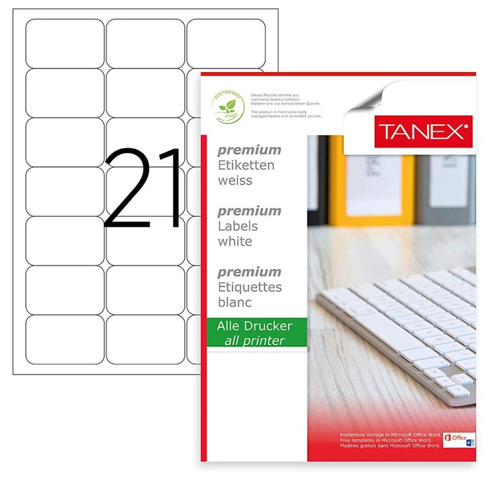 Set 2100 etichete autoadezive, 100 coli A4, 21 etichete/coala, 63.5x38.1 mm, albe, colturi rotunde, pentru imprimante laser si inkjet, Tanex TW-2021 Alb