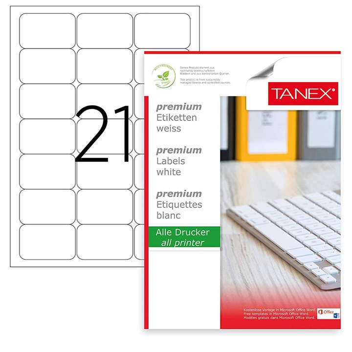 Set 525 etichete autoadezive A4, 25 coli, 21 etichete/coala, 63.5x38.1 mm, albe, colturi rotunde, pentru imprimante laser si inkjet, Tanex