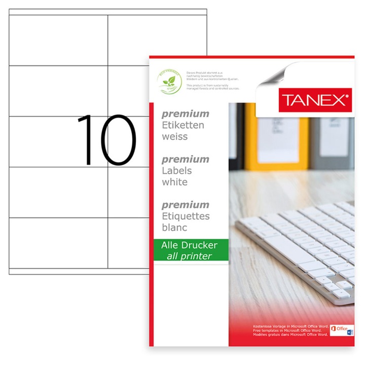 Set 1000 etichete autoadezive A4, 100 coli, 10 etichete/coala, 105x57 mm, albe, colturi drepte, pentru imprimante laser si inkjet, Tanex TW-2610