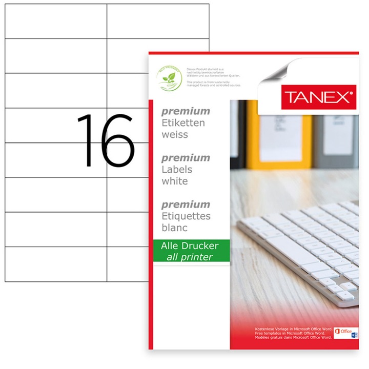 Set 400 etichete autoadezive A4, 25 coli, 16 etichete/coala, 105x37 mm, albe, colturi drepte, pentru imprimante laser si inkjet, Tanex Alb