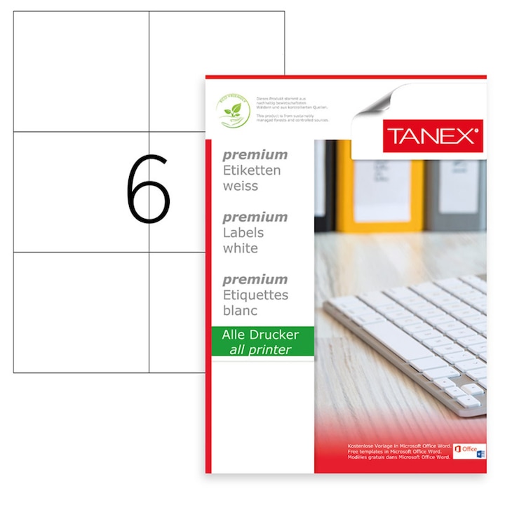 Set 600 etichete autoadezive A4, 100 coli, 6 etichete/coala, 105x99 mm, albe, colturi drepte, pentru imprimante laser si inkjet, Tanex TW-2303