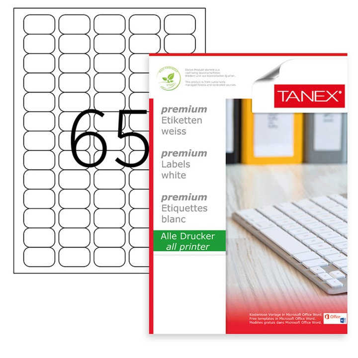 Set 6500 etichete autoadezive A4, 100 coli, 65 etichete/coala, 38.1x21.2 mm, albe, colturi rotunde, pentru imprimante laser si inkjet, Tanex TW-2065