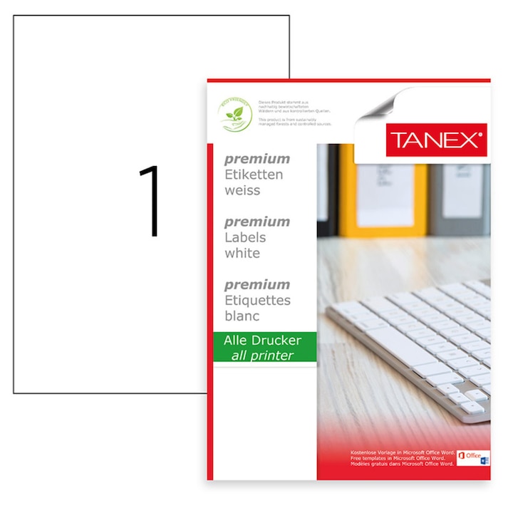 Set 100 etichete autoadezive 210 x 297 mm, albe, colturi drepte, 100 coli format A4, Tanex TW-2000, o eticheta pe coala, pentru imprimante laser si inkjet