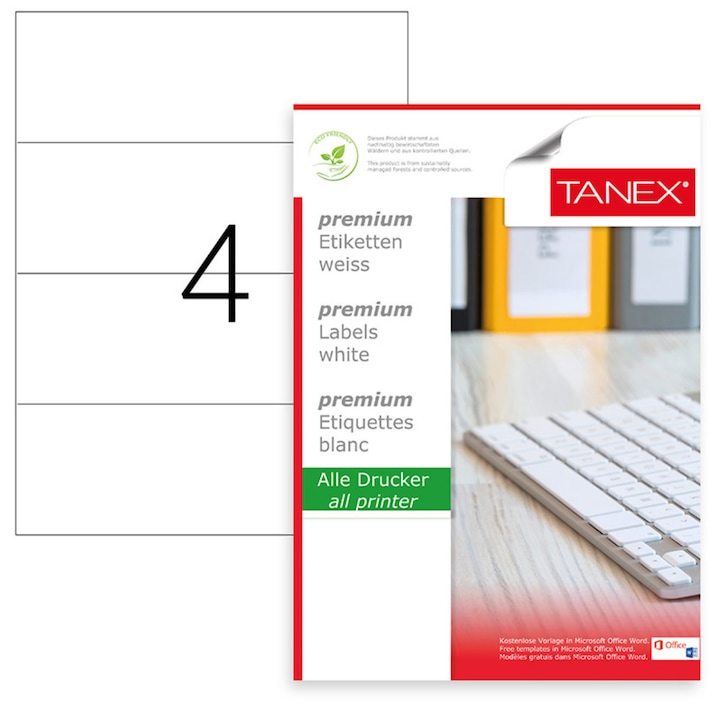 Set 400 etichete autoadezive A4, 100 coli, 4 etichete/coala, 210x74.25 mm, albe, colturi drepte, pentru imprimante laser si inkjet, Tanex TW-2404