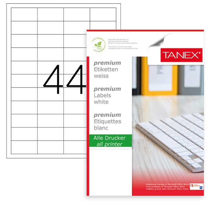 Set 4400 etichete autoadezive A4, 100 coli, 44 etichete/coala, 48.5x25.4 mm, albe, colturi drepte, pentru imprimante laser si inkjet, Tanex TW-2044 Alb