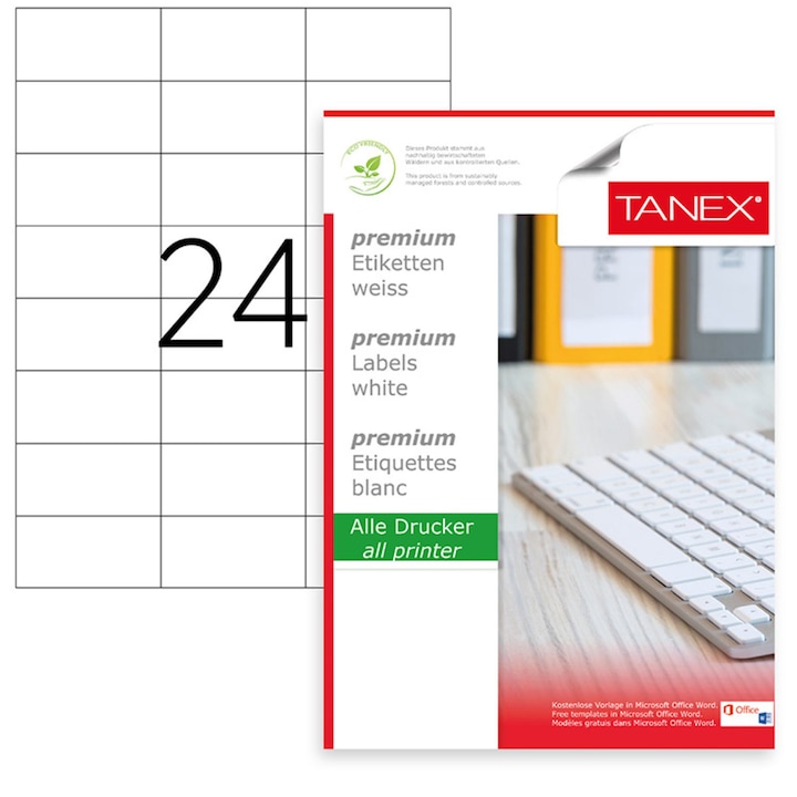 Set 600 etichete autoadezive A4, 25 coli, 24 etichete/coala, 70x37.12 mm, albe, colturi drepte, pentru imprimante laser si inkjet, Tanex