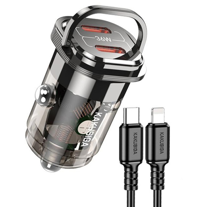 Set Adaptor auto KSC-1195 cu Cablu Lightning, Incarcare rapida 36W, Negru