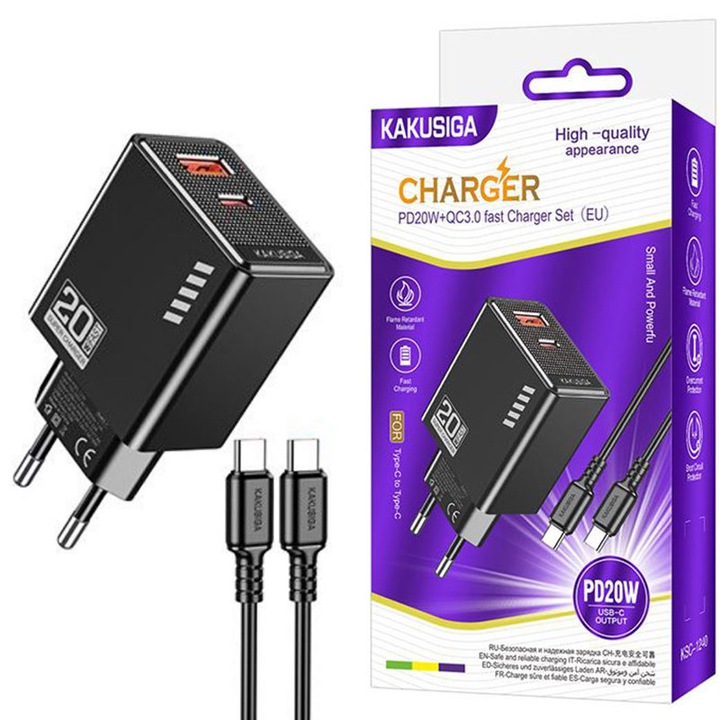 Pachet Incarcator KSC-1240 cu Cablu Type-C 1M, Compatibil iPhone 15/16 si Android, Putere 20W, Negru