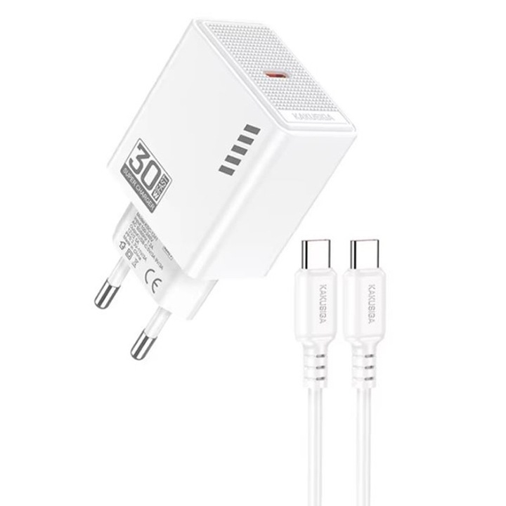 Pachet Incarcator KSC-1242 cu Cablu Type-C 1M, Compatibil iPhone 15/16 si Android, Putere 30W, Alb