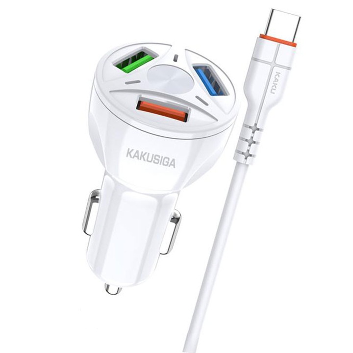 KSC-493 autós adapterkészlet C típusú kábellel, 3 x USB, gyorstöltés 20 W, fehér