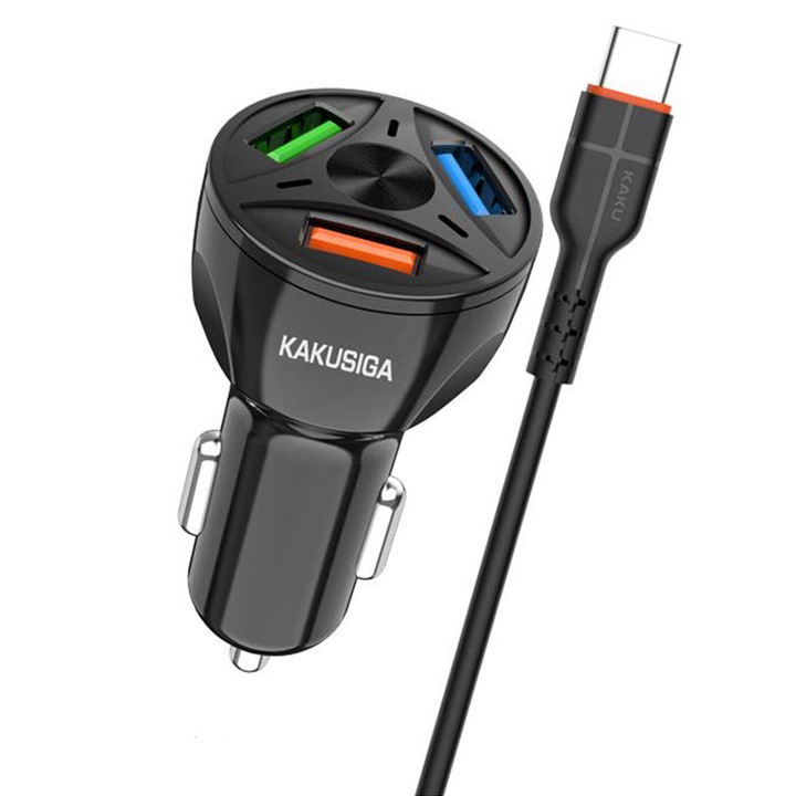 Set Adaptor auto KSC-493 cu Cablu Type-C, 3 x USB, Incarcare rapida 20W, Negru