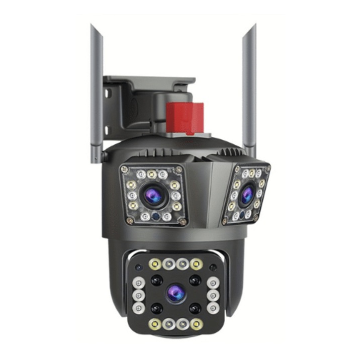 Tripla WiFi-s megfigyelőkamera 3 lencsével × 3 képernyővel, 12MP, 4K, forgatható-dönthető-zoomolható, színes éjjellátó, IP66, emberérzékelés és -követés, kétirányú hang, ONVIF, NVR