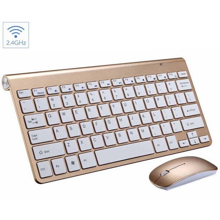 Set Tastatura si Mouse Wireless Slim Chedian W202, 2.4GHz, USB, Silentios, Rezistent la Stropi, Design Ergonomic, Auriu