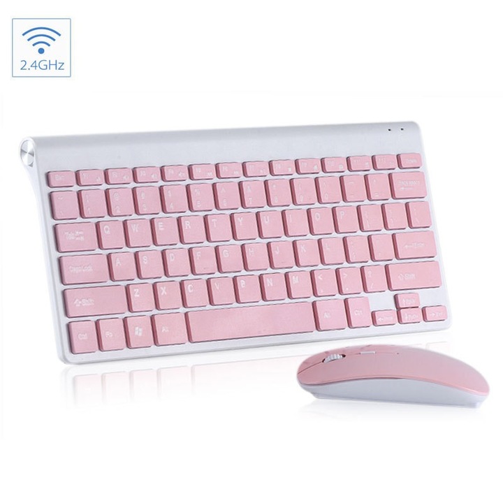 Set Tastatura si Mouse Wireless Slim Chedian W202, 2.4GHz, USB, Silentios, Rezistent la Stropi, Design Ergonomic, Roz pastel