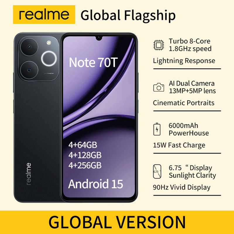 Telefon mobil realme Note 70T（4+256GB）: Ecran HD de 6.75 inch cu