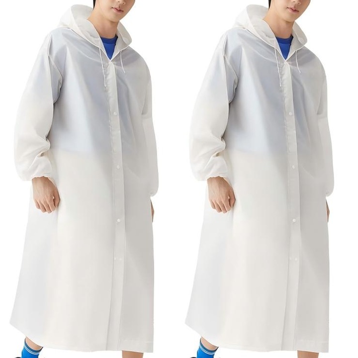Set 2 pelerine de ploaie impermeabile, Omelivon®, Rezistenta la rupere ingrosata, Cu gluga, Rezistent la ploaie si antifouling, Protectia mediului, Usoare si usor de transportat, EVA, Aproximativ 110 cm, Alb transparent