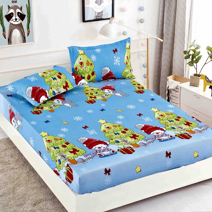 Set Husa de Pat CHIRASO, Elastica, Colorata, pentru 1 Persoana, din Finet, 90 x 200 cm, include 2 Fete Perna, albastru deschis