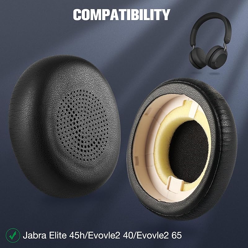 Cuscinetti Auricolari Di Ricambio Per Jabra Elite 45h, Evolve2 65 E Evolve2 40 – Pelle Proteica Con Memory Foam, Facili Da Installare - 4