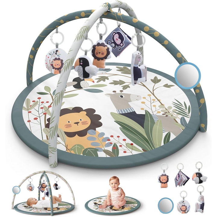 3в1 подложка за игра и дейности, Wacorresi, 6 подвижни сензорни играчки, бързо сгъваема, мек материал с термозащита, лесна за почистване, неплъзгаща се, многоцветна