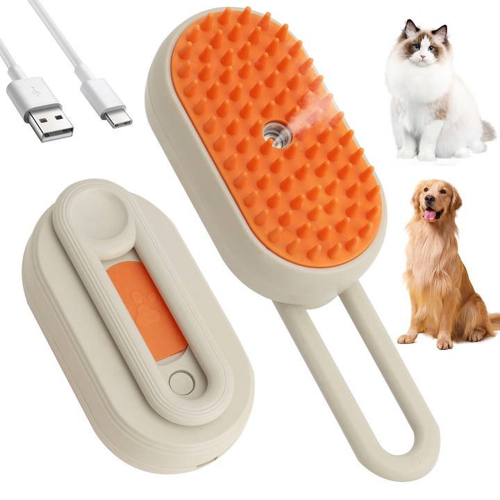 Perie de masaj cu pulverizare 4-in-1 pentru animale – Perie de ingrijire reincarcabila USB pentru caini si pisici, cu functie de descurcare si de eliminare a parului
