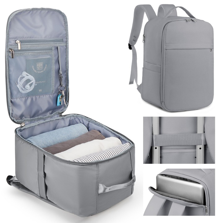 Rucsac de Boarding Ryanair 40x20x25 cm, Rucsac de Calatorie/Aviatie, Potrivit pentru Excursii Scurte si Drumetii, Compact sub Scaun - Compatibil Laptop 14 inch, Gri