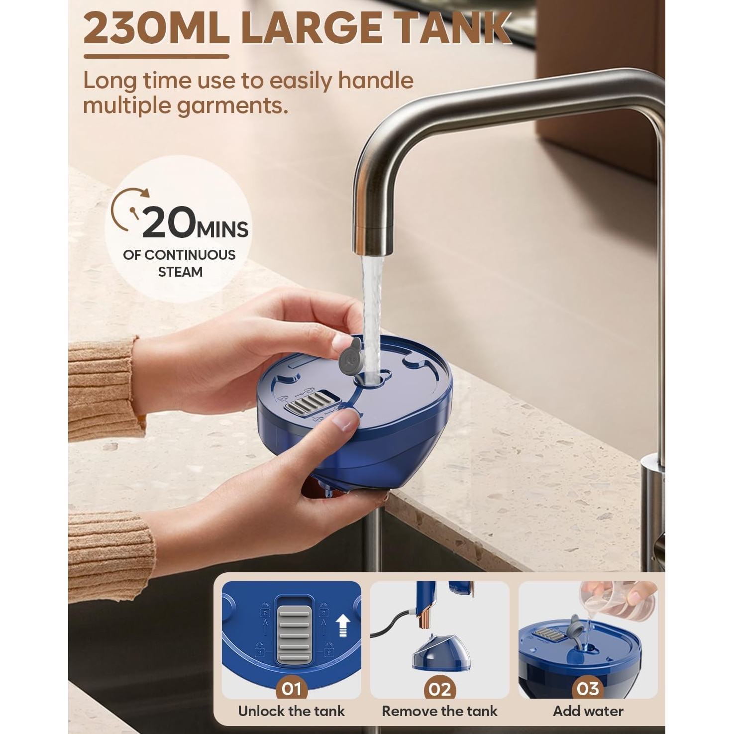 Aparat de calcat vertical portabil, Steamer de calatorie 2000W, debit de abur 22g/min, rezervor de apa 230ml, talpa metalica, cap reglabil 180°, calcare verticala si orizontala (2in1), -20sec Incalzire, 3 setari de abur, cu sac de depozitare .（albastru）