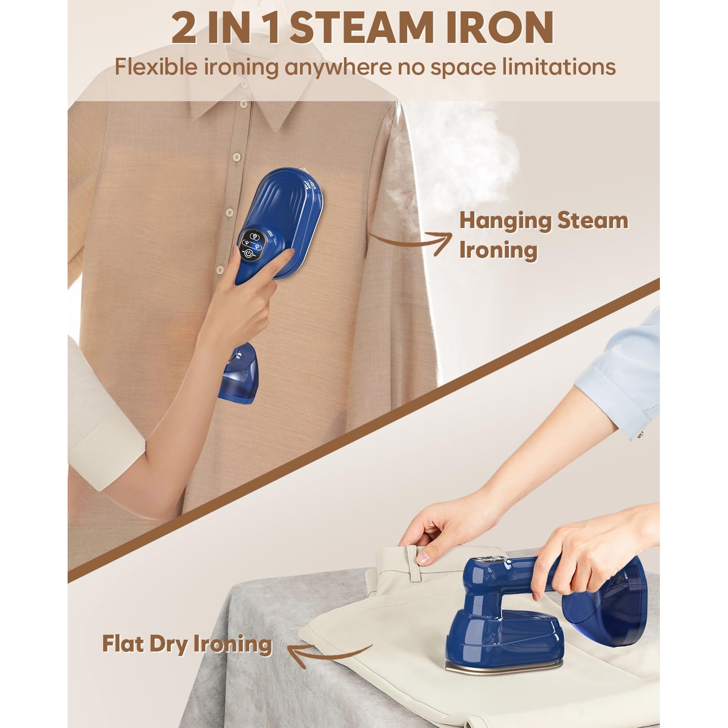 Aparat de calcat vertical portabil, Steamer de calatorie 2000W, debit de abur 22g/min, rezervor de apa 230ml, talpa metalica, cap reglabil 180°, calcare verticala si orizontala (2in1), -20sec Incalzire, 3 setari de abur, cu sac de depozitare .（albastru）