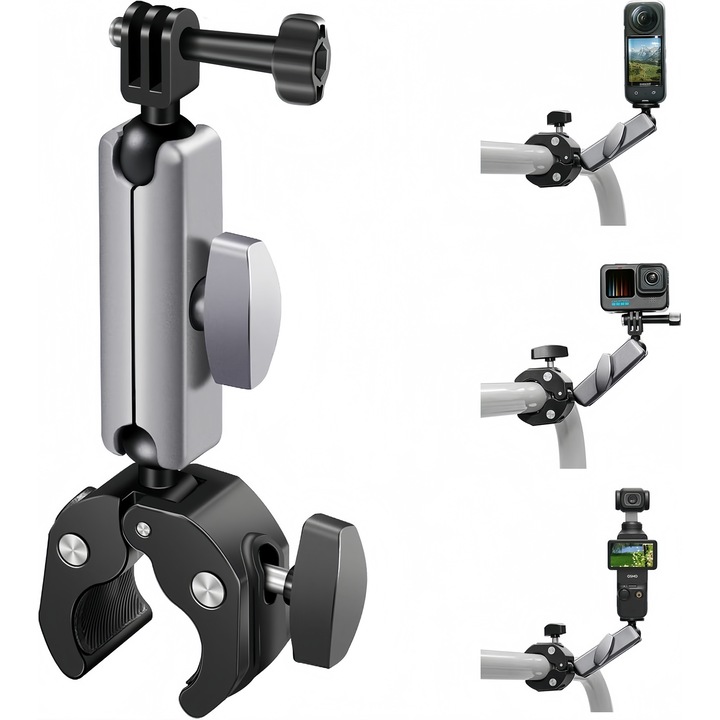 Suport motocicleta GoPro, camera de actiune, rotire 360°, aluminiu, compatibil cu Insta360/X3/Hero 12 11 10 9