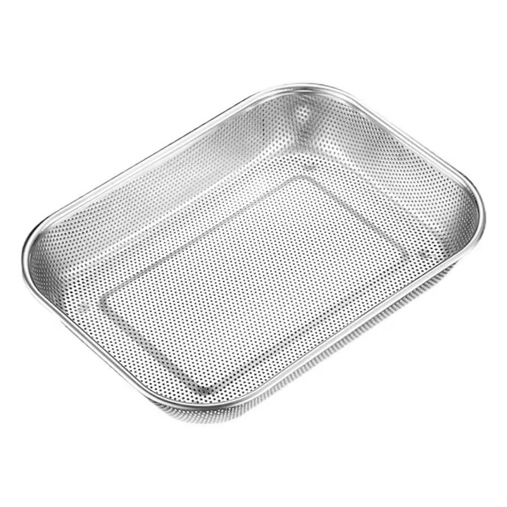 Multifunkcionális perforált rozsdamentes acél tálca, Ideális ételek csöpögtetéséhez, hűtéséhez, gyümölcsök szárításához, 37,5 x 27,5 cm, Ezüst