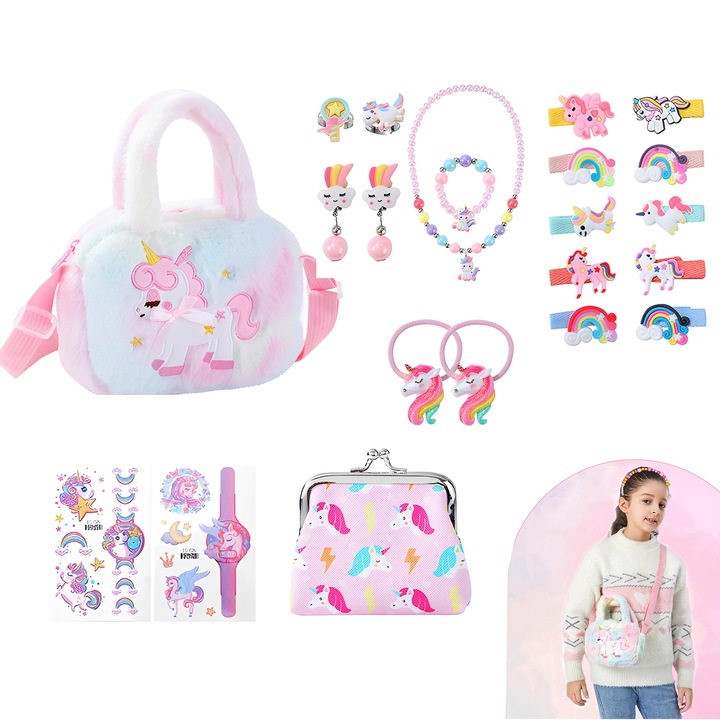 Set accesorii Unicorn, TREXORA, include geanta de umar, portofel pentru monede bijuterii si accesorii par, muticolor