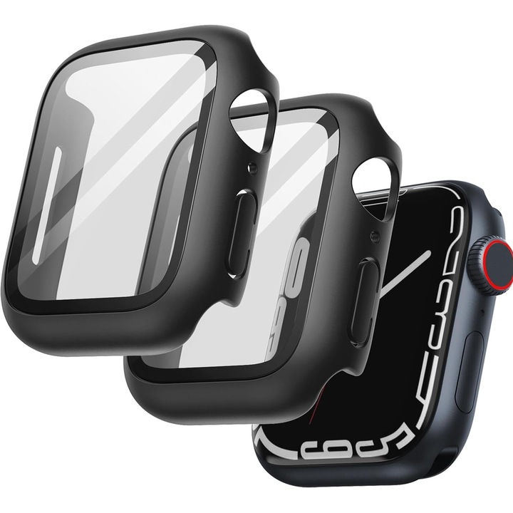 Защитен калъф със стъклен протектор за Apple Watch 41мм, пълна защита, лесен за инсталиране дизайн, черен