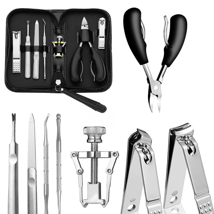 Trusa Manichiura Pedichiura, NewEvo, otel inoxidabil, 8 piese, cu pila, unghiera, cleste cuticule, impingator cuticule, Etui depozitare elegant, Negru
