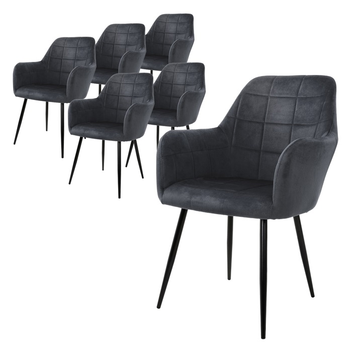 Set 6x scaune tapitate ECD Germany gri inchis, stil nordic modern, pentru sufragerie sau birou, fotolii ergonomice cu sezut din catifea si picioare din lemn masiv cu structura de otel, design elegant si confortabil