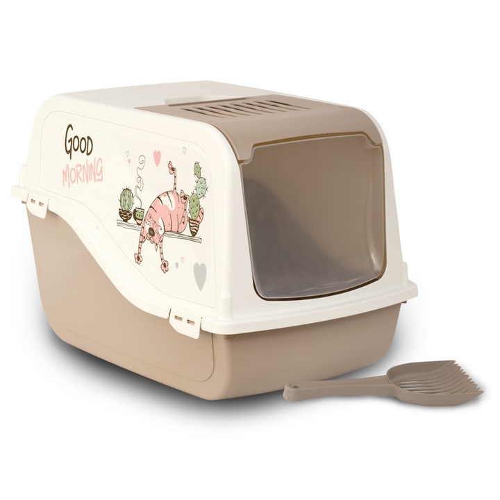 Litiera Acoperita pentru Pisici, ARIEL DECAL cu Model, Capac Rabatabil, Lopatica si Filtru, 57x39x38 cm, 3 in 1, Igiena si Intimitate