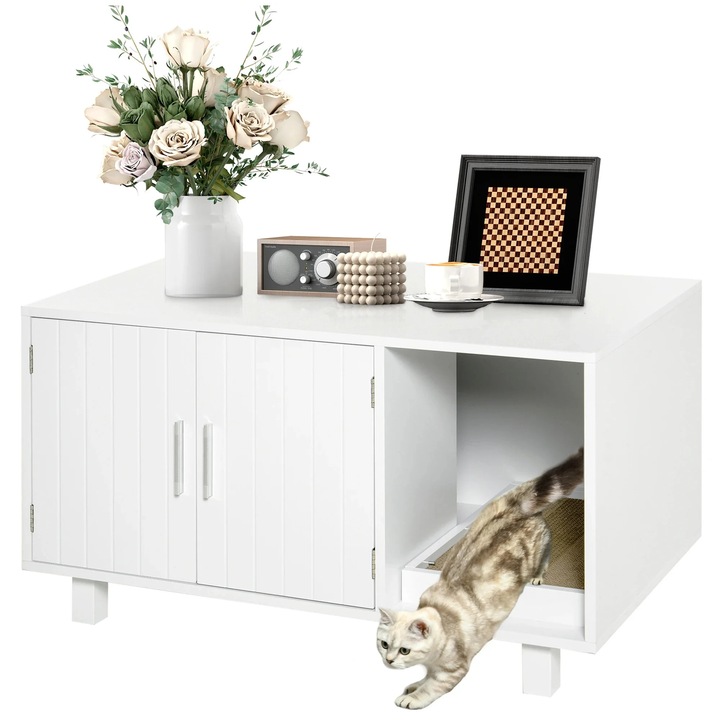 Macskaalom doboz, kétszintes, kaparóoszlop, MDF fa, 91x52x50,5 cm, fehér