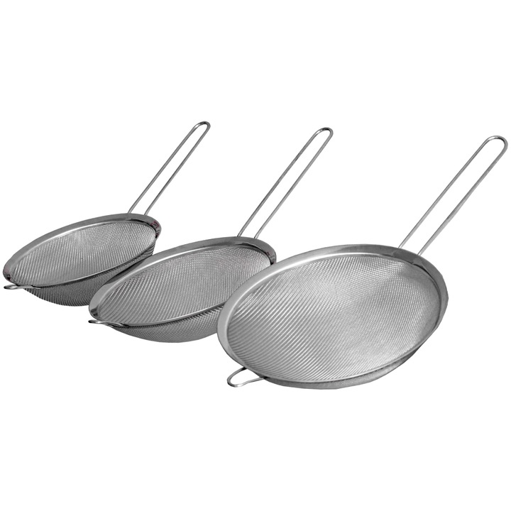 Set 3 site metalice cu maner, cu plasa dubla si fina 17.5/19.5/22 cm